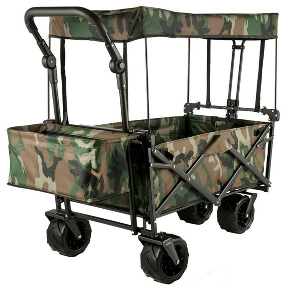 Choco Moon Compact Garden Utility Cart, Folding Wagon with Sunshade, Ideal for Camping, Shopping, Beach, Rear Storage, Camouflage Design