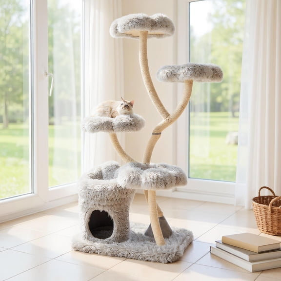 Choco Moon Freestanding Cat Tower w/Flower-shaped Platforms & Sisal Posts, Cat Climbing Tower, Corner Cat Tree, Cat Condos for Indoor Cats-Gray