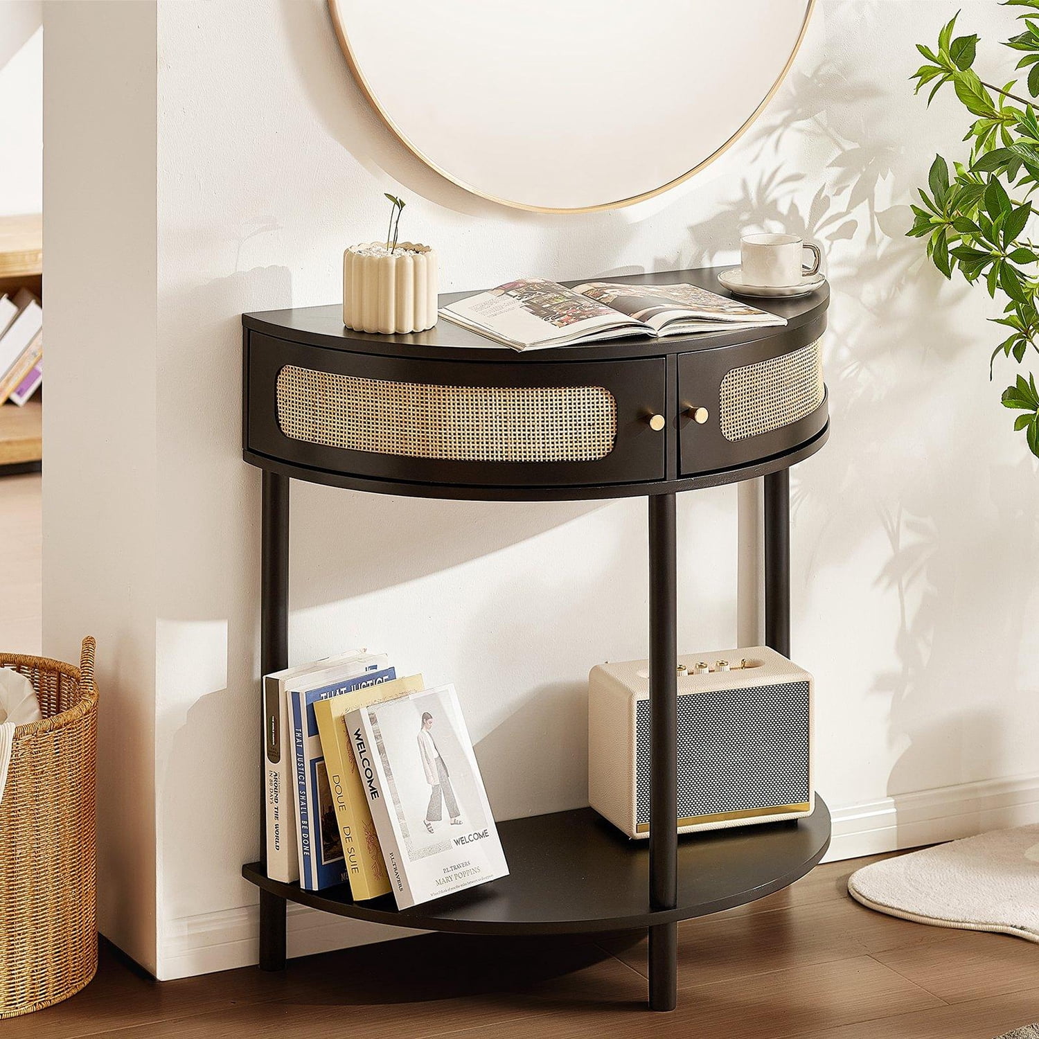 Choco Moon Half-Moon Rattan Console Table with 2 Drawers, 31.88x15