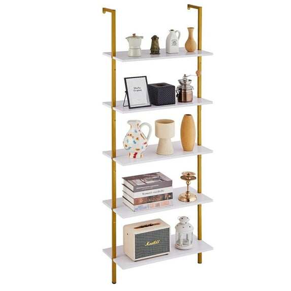 Choco Moon Industrial Metal Shelf 5 Tier, 24x11.8in Wall Mount, Gold White Storage Rack, Home Office Organizer