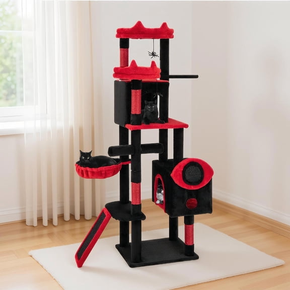 Choco Moon Large Gothic Cat Tree w/Cat Condos & Plush Perches, Cat Climbing Tower, Corner Cat Tree, Cat Condos for Indoor Cats-Black & Red