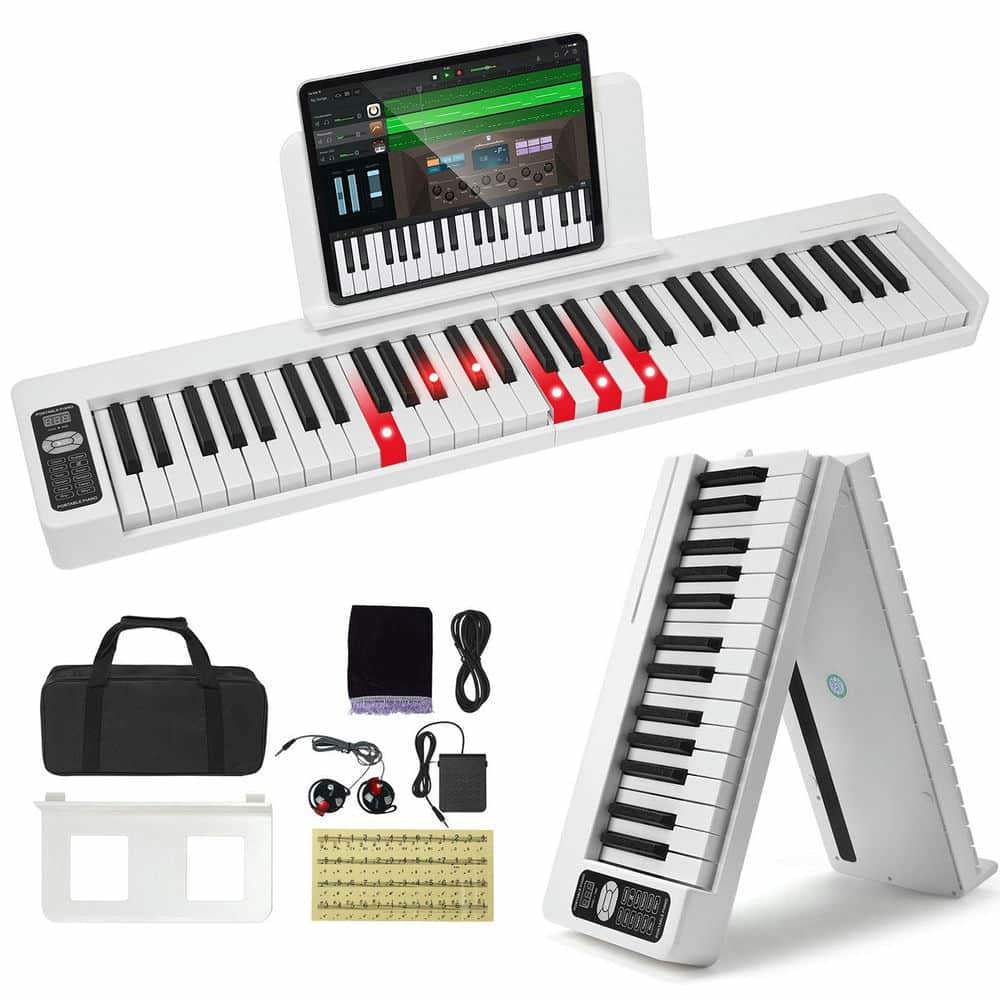 Choco Moon Portable Bluetooth MIDI Keyboard Piano, 61-Key Folding Digital Piano, Lightweight Foldable, Perfect for Travel \u0026 Practice, White, Ideal for Musicians \u0026 Beginners