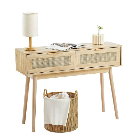 Choco Moon Rattan Console Table with 2 Drawers, Natural Rattan Entryway Table, Compact Hallway Table, Storage-Small Console for Living Room