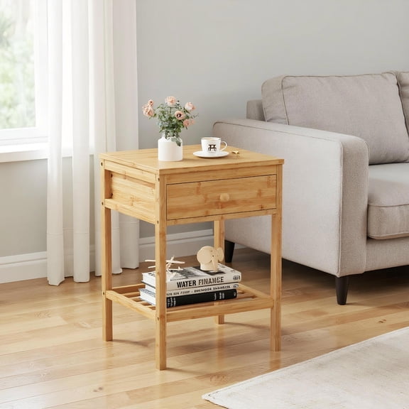 Choco Moon Set of 1 Bamboo Nightstand Bedside Table With Storage Drawer and Open Shelf-1 Piece, Side Tables Bedroom, Bedroom Furniture, Easy to Assemble