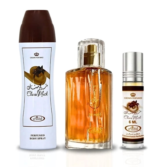 Choco Musk Perfumed Body Spray 200ml, Eau de Parfum Spray 50ml & Roll-On 6ml by Al Rehab (Bundle)