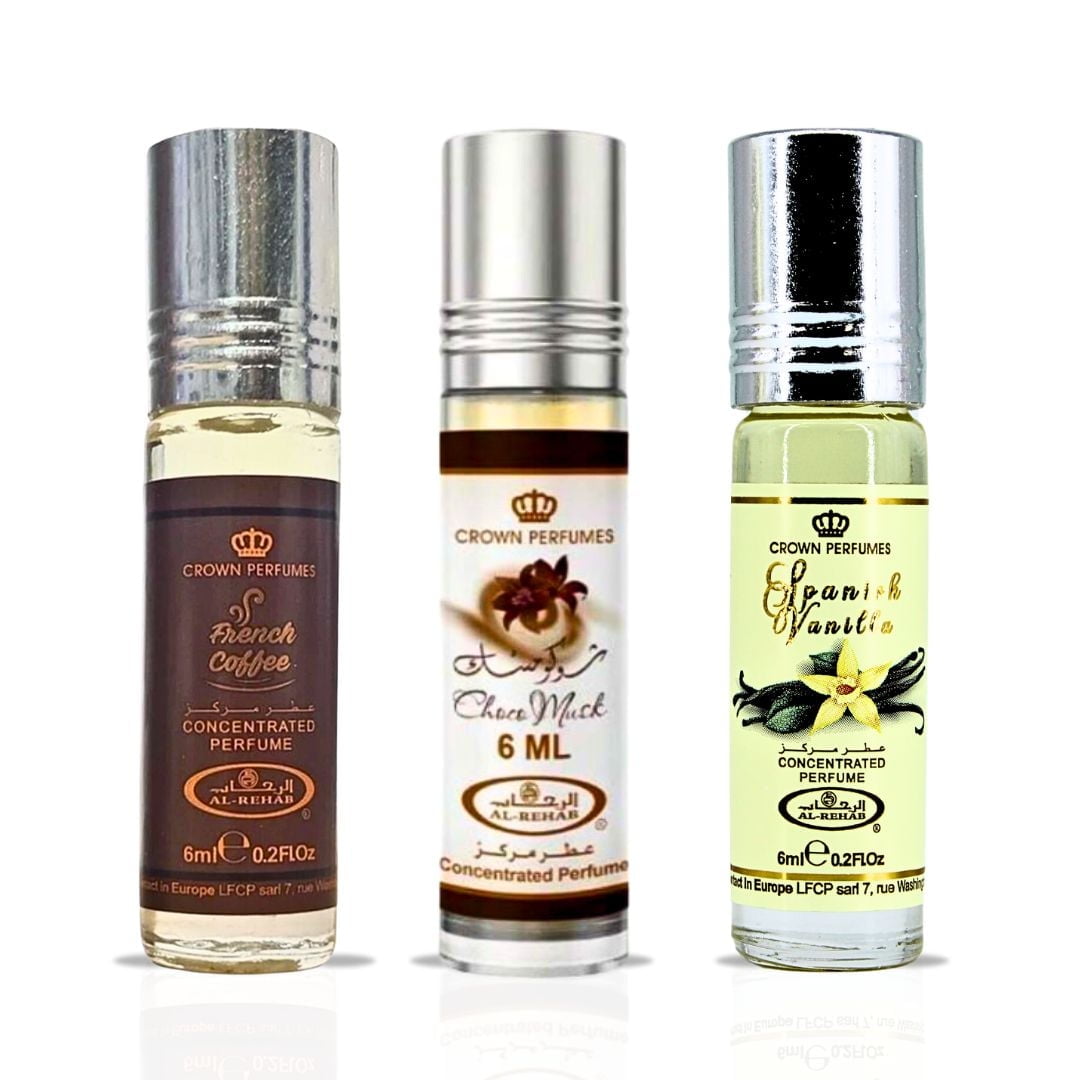 Choco Musk, Spanish Vanilla, French Coffee Perfume Oils 6ML (0.2OZ) By Al Rehab | A Gourmand Trio Of Sweet, Creamy & Indulgent Scents. (GOURMAND BUNDLE)