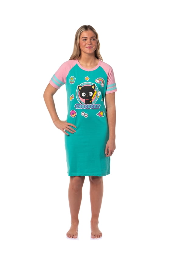 Chococat Women's Character Logo Icon Design Varsity Stripe Pajama Sleep Shirt Nightgown