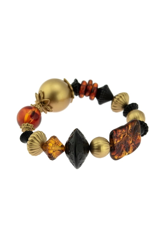 Elegant Fall Colors Stretch Bead Bracelet - Brown, Black and Gold Tone Mixed Beads Jewelry Bracelet Gold