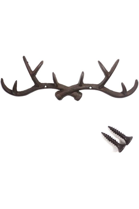 Chocolate 14 inch Vintage Rustic Cast Iron Deer Antlers Coat Rack Key Holder Jewellery Display Rack Bathroom Towels Hanger Rustic Cabin Hanger(with Screws)