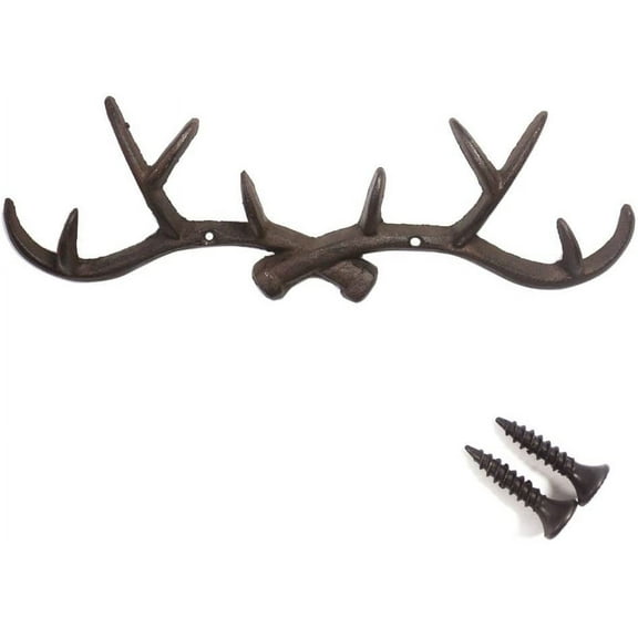 Chocolate 14 inch Vintage Rustic Cast Iron Deer Antlers Coat Rack Key Holder Jewellery Display Rack Bathroom Towels Hanger Rustic Cabin Hanger(with Screws)