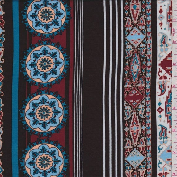 Chocolate/Aqua Decorative Stripe Rayon Challis, Fabric By the Yard