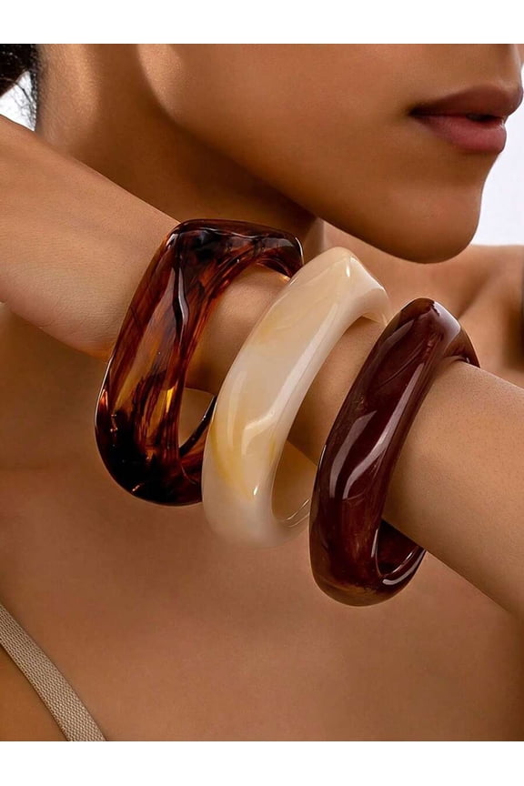 Chocolate Asymmetrical Semi-Transparent Acrylic Bangle Set With Organic Swirl Pattern And High Gloss Finish