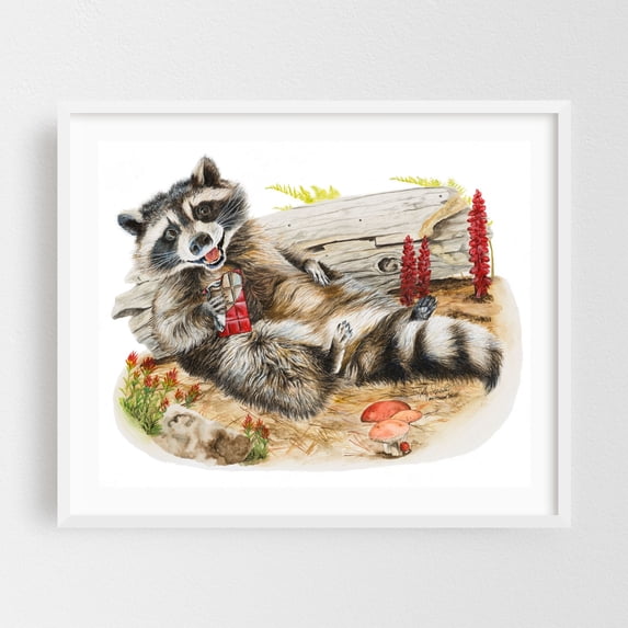 Chocolate Bandit - Painting Humor Nature Animal Forest Rustic Floral Whimsical White Framed Wall Art Print 12 x 16 inches