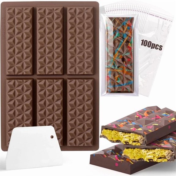 Chocolate Bar Mold Set W/100Pcs Bags &Scraper For Baking Diamond Chocolate Bar