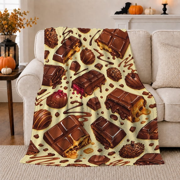Chocolate Bar Scatter Pattern Realistic Illustrations Birthday, Cozy Friendship Quote Scene, Warm Flannel Blanket for Living Room and Reading Nook, Art Lovers Friendship Gift, Artistic Home Decor