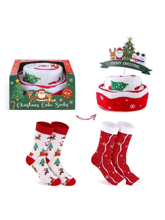 Funny Christmas Cake Socks for Men Women Teens Boys - Secret Santa Gifts Ideas Novelty Fun Crew Funky Cute Crazy Xmas Reindeer Snowman Christmas Tree Holiday Socks Funny Stocking Stuffers