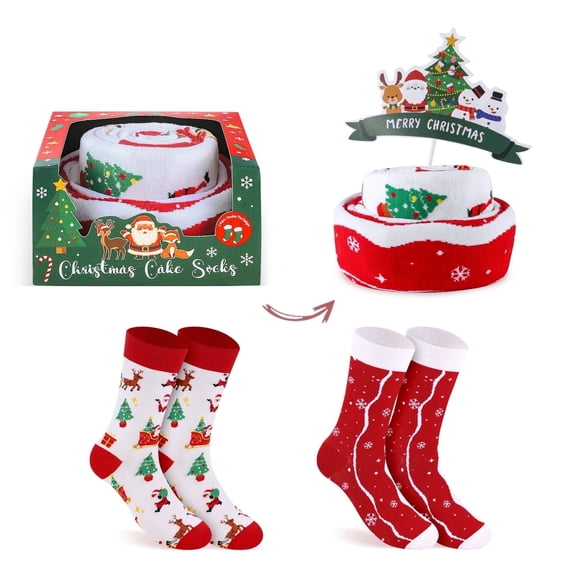 Funny Christmas Cake Socks for Men Women Teens Boys - Secret Santa Gifts Ideas Novelty Fun Crew Funky Cute Crazy Xmas Reindeer Snowman Christmas Tree Holiday Socks Funny Stocking Stuffers