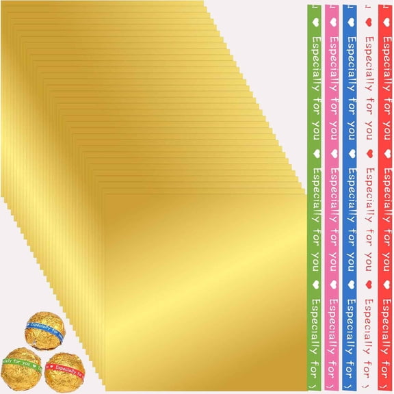 Chocolate Bar Wrappers, Gold Foil Square Candy Wrappers with Colored Wire Tie Straps, Truffle Wrapper for Christmas Wedding Birthday Caramel Candies Packaging (Gold)