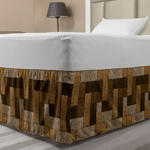 Chocolate Bed Skirt, Parquet Pattern in Wooden Style Geometric Design in Nature Inspired Art, Elastic Bedskirt Dust Ruffle Wrap Around for Bedding Decor, 4 Sizes, Beige Pale Brown, by Ambesonne