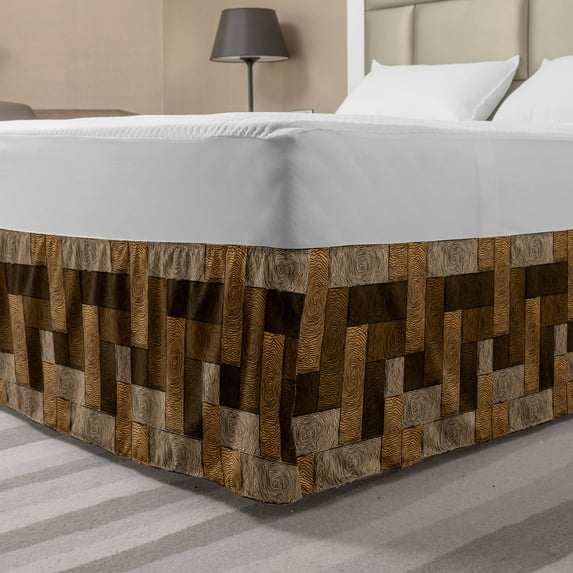 Chocolate Bed Skirt, Parquet Pattern in Wooden Style Geometric Design in Nature Inspired Art, Elastic Bedskirt Dust Ruffle Wrap Around for Bedding Decor, 4 Sizes, Beige Pale Brown, by Ambesonne