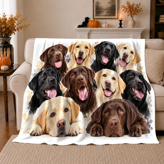 Chocolate Black Yellow Lab Portrait Group Art autumn celebration, Playful Pet Portrait Pattern, Warm Flannel Blanket for Living Room and Bedroom, Dog Moms person's Day Gift, Pet Lover Home Decor
