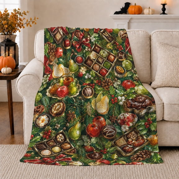 Chocolate Boxes with Pears Apples and Holiday Greenery, Elegant Festive Sweets Style for Chocolate Lovers, Soft Flannel Blanket for Kitchen Nook and Guest Room, Christmas Gift, Home Decor