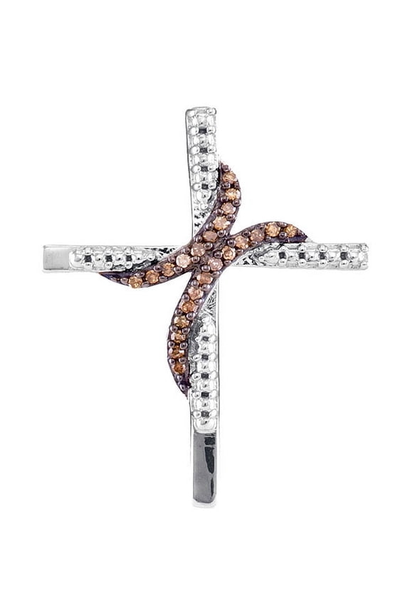 Chocolate Brown 10K White Gold Cross Beaded Necklace Pendant 1/8 Ctw