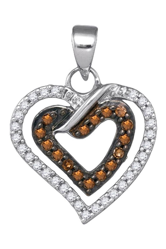 Chocolate Brown 10K White Gold Double Lovely Sparkling Heart Necklace Pendant 1/4 Ctw