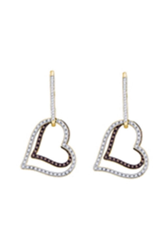 Chocolate Brown 10K Yellow Gold Dangle Double Heart Earrings 1/2 Ctw