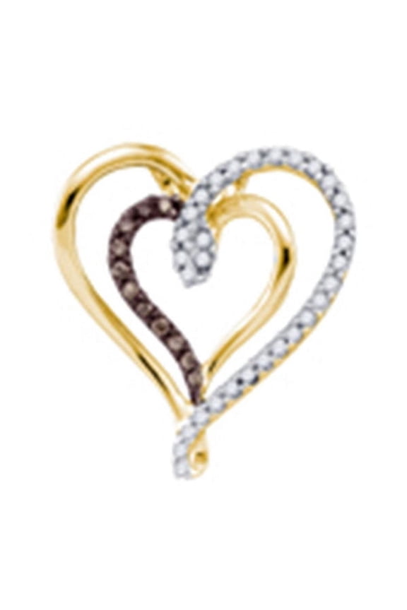 Chocolate Brown 10K Yellow Gold Double Lovely Sparkling Heart Necklace Pendant 1/4 Ctw