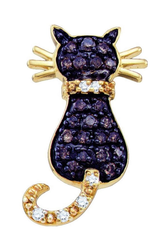 Chocolate Brown 10K Yellow Gold Frisky Cat Necklace Pendant 1/3 Ctw