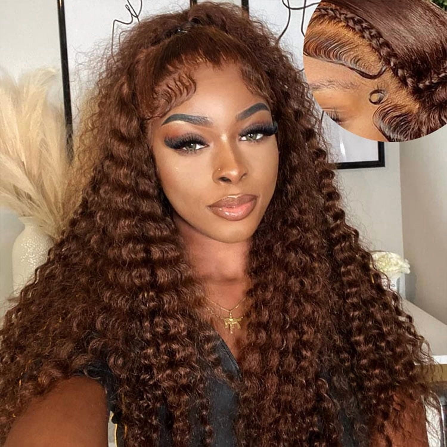 Chocolate Brown 13x6 HD Lace Frontal Wigs Deep Wave 250 Density Curly Human Hair Wigs for Black Women