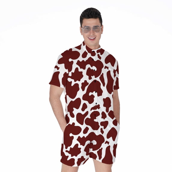 Chocolate Brown And White Cow Short Sleeve Men'S Rompers, Cow Cattle Casual Summer Jumpsuits Outfit