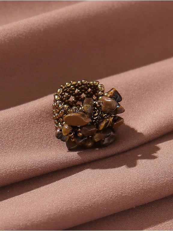 Chocolate Brown Beaded Cluster Ring With Natural Tigers Eye Chips, Elastic