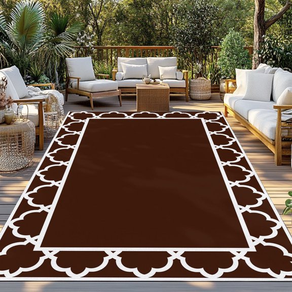 Chocolate Brown Indoor Outdoor Rugs 3x5 Ft, Brown Morocco Printed Border Modern Rustic Outdoor Patio Rugs Mat Washable Outside Area Rugs Carpet for Porch Deck RV Camping Pool Balcony Backyard