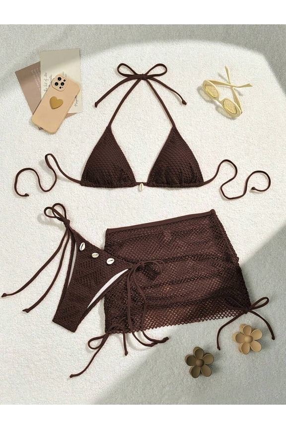 Chocolate Brown Mesh Halter Triangle Bikini Set With Shell Accents