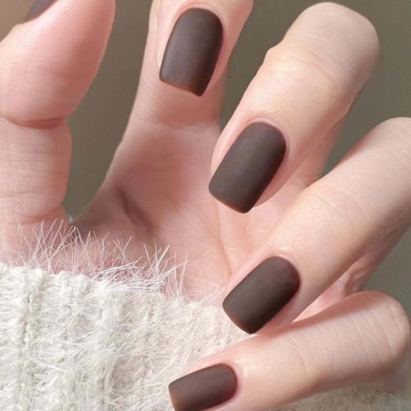 Chocolate Brown Press on Nails Short Square Fake Nails Matte Finish Minimalist Solid Color Full Cover Adhesive Press Ons Chic Acrylic False Nails Nail Tips for Daily Wear Home Manicure 24 Pcs