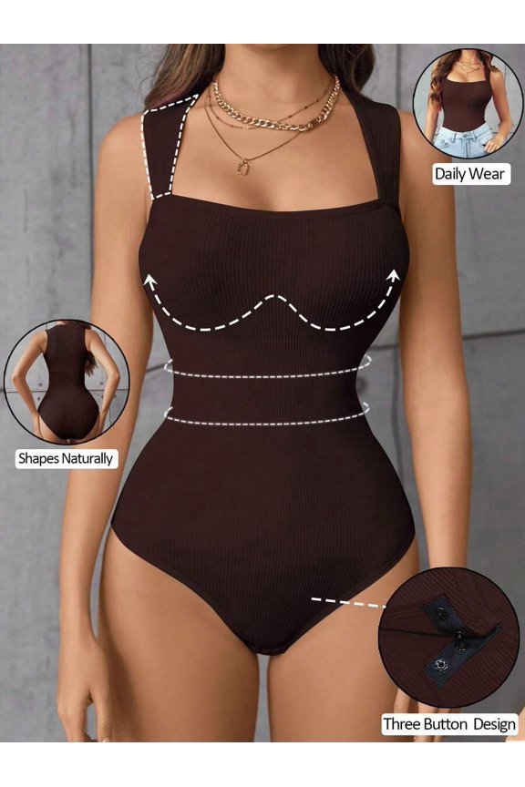 Chocolate Brown Seamless Triangle Bodysuit With 3-Button Crotch Closure Shapewear