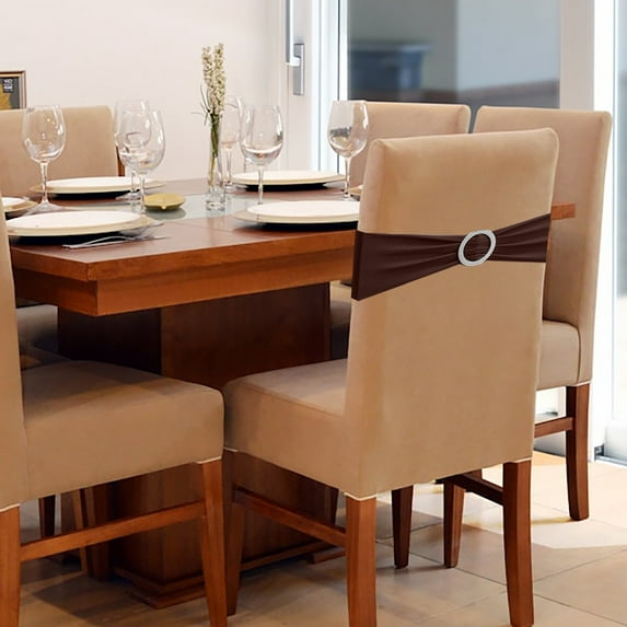 Chocolate Brown Spandex Chair Sashes, 14x5 Inch Rustic Stretch Bows with Sparkle Buckle, Vintage Farmhouse Wedding Decor, Thanksgiving Banquet, No Tie Elastic Band, 1 Pack