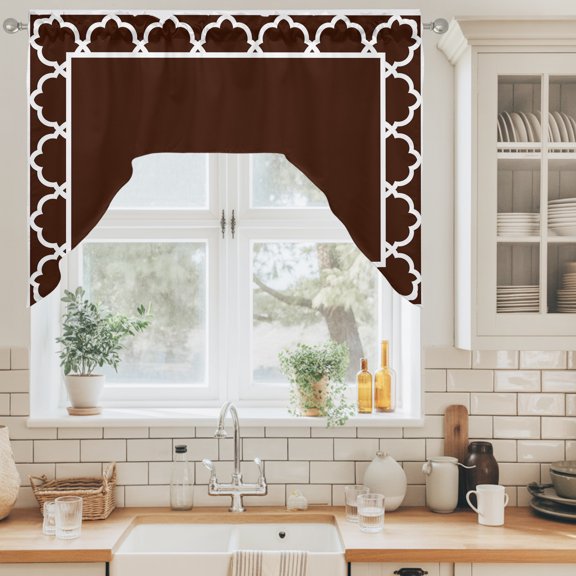 Chocolate Brown Swag Curtain Valance for Windows, Brown Morocco Printed Border Modern Rustic Swag Curtains Drapes Rod Pocket for Kitchen Bathroom Small Window, 1 Panel 56x36in