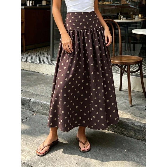 Chocolate Brown Womens Fashion Long Skirts Dropped Waist Polka Dot Skirts