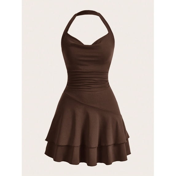Chocolate Brown Womens Slim Fit Ruched Halter Mini Dress With Tiered Flounce Skirt