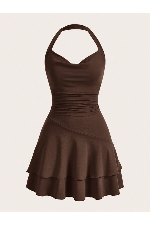 Chocolate Brown Womens Slim Fit Ruched Halter Mini Dress With Tiered Flounce Skirt