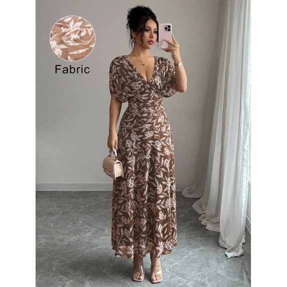 Chocolate Brown Womens V-Neck Off-Shoulder Puff Sleeve Ruched Waist A-Line Floral Maxi Dress