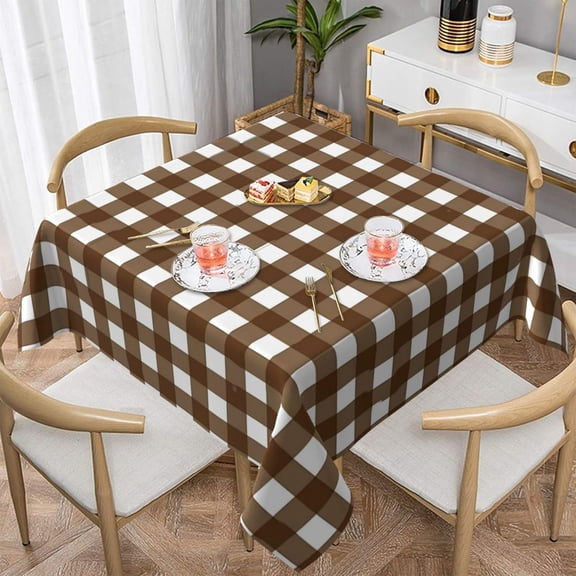Chocolate Brown and White Plaid 100% Polyester Fiber Square Tablecloth Anti Pilling Tablecloth Decoration 52"X52"