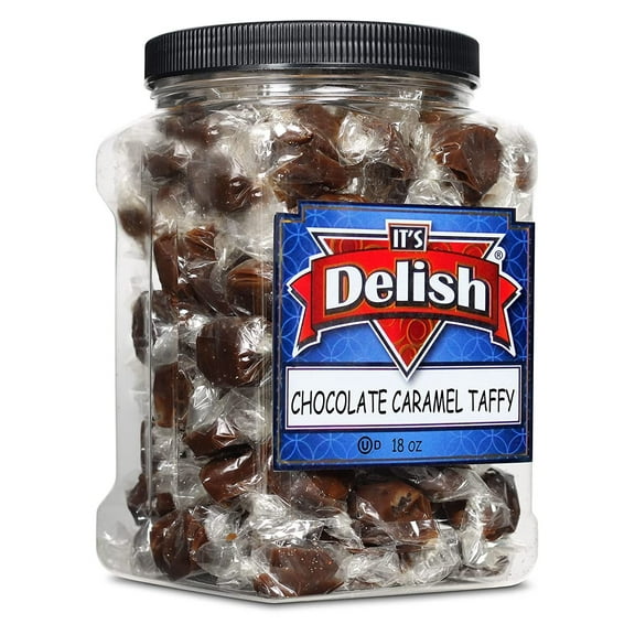 Chocolate Caramel  by Its Delish, 18 OZ Jumbo Container Jar  Individually Wrapped Handcrafted Soft Brown Taffies  Great Candy Gifts Party Sweets for Home Office  Certified Kosher Dairy