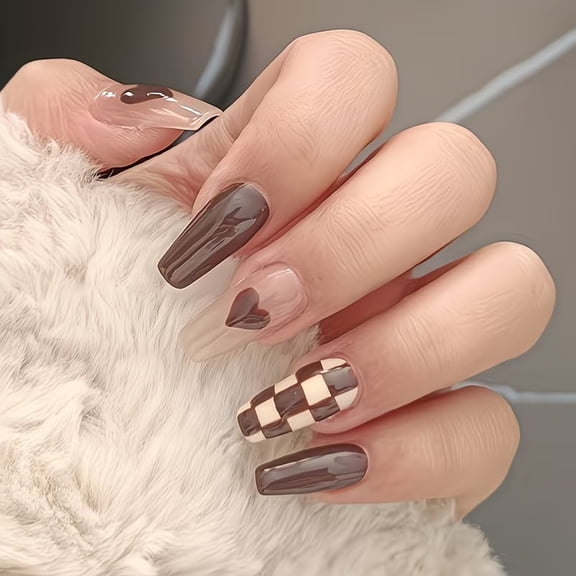 Chocolate Checkerboard Heart Press On Nails Medium 24 Pcs