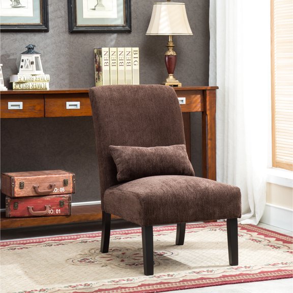 Chocolate Chenille Accent Chair With Pillow. Solid Wood Legs Guarantee Stability. Upholstery. Modern Look. 22.2" W X 32.36" D 36.5" H. Seat 17.75" High. Assembly Required Dark Fabric And Decorative