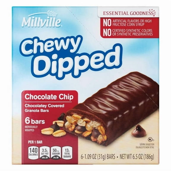 Millville Chocolate Chip Chewy Dipped Granola Bars, 6 count - Pack of 2