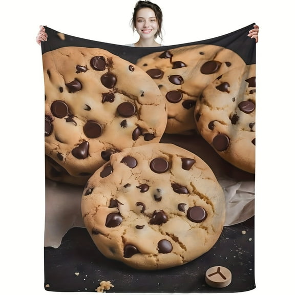 Chocolate Chip Cookie Pattern Flannel Blanket, Soft Knit Lodge Style AllSeason Cozy Flannel, Polyester, Digital Print, Lightweight Unique Foodie Design for Bed, Couch & Home Decor